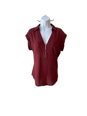 Express Sheer Maroon Top Cuffed Sleeves Zipper Detail Size Medium